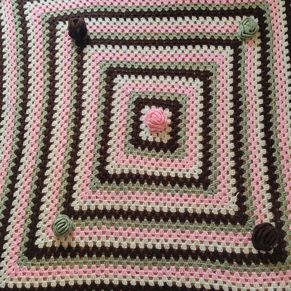 Handmade Crocheted Granny Square Blanket With Floral Rosette Accents Pink Brown - Picture 2 of 4